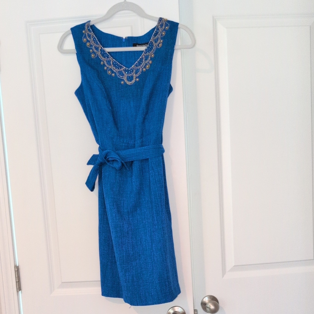 Ellen Tracy Blue Mini Dress with Embellished Neckline